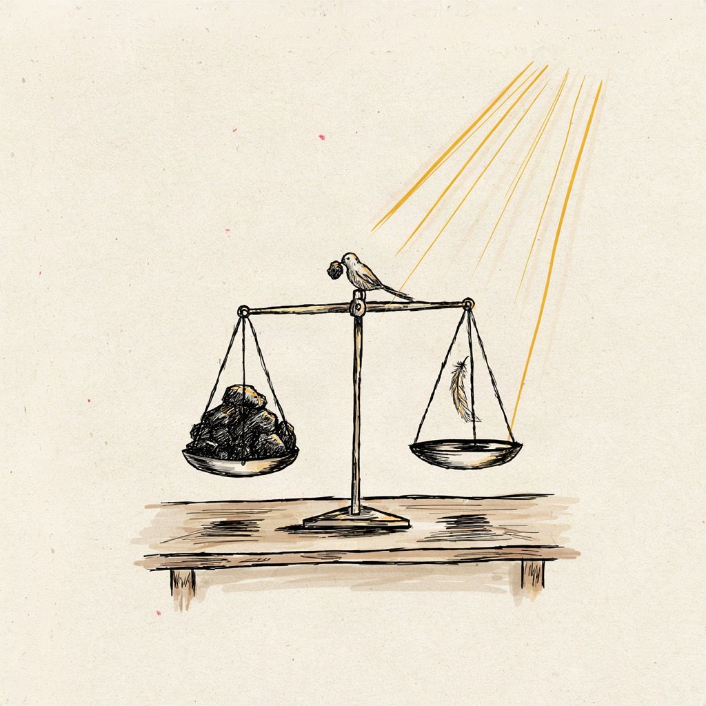 A pair of old kitchen scales where the heavy, murky-colored stones piled on one dish are being quietly lifted off one by one by a small bird, while a single clean feather settles onto the empty dish, showing low desires exchanged for lighter, purer ones.