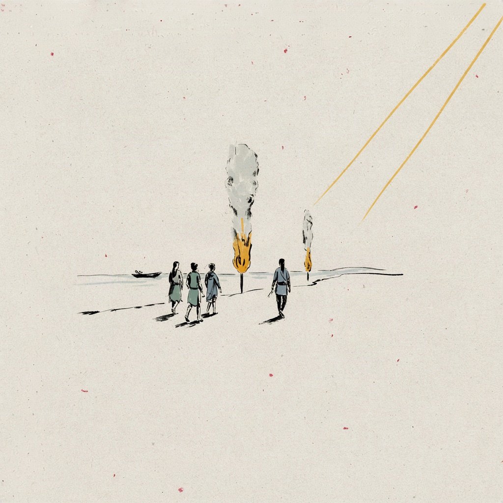 A small caravan of travelers follows a single tall pillar of glowing cloud by day that quietly becomes fire by night, drawn as one continuous shape leading them across a plain bare hillside toward a distant unseen river.