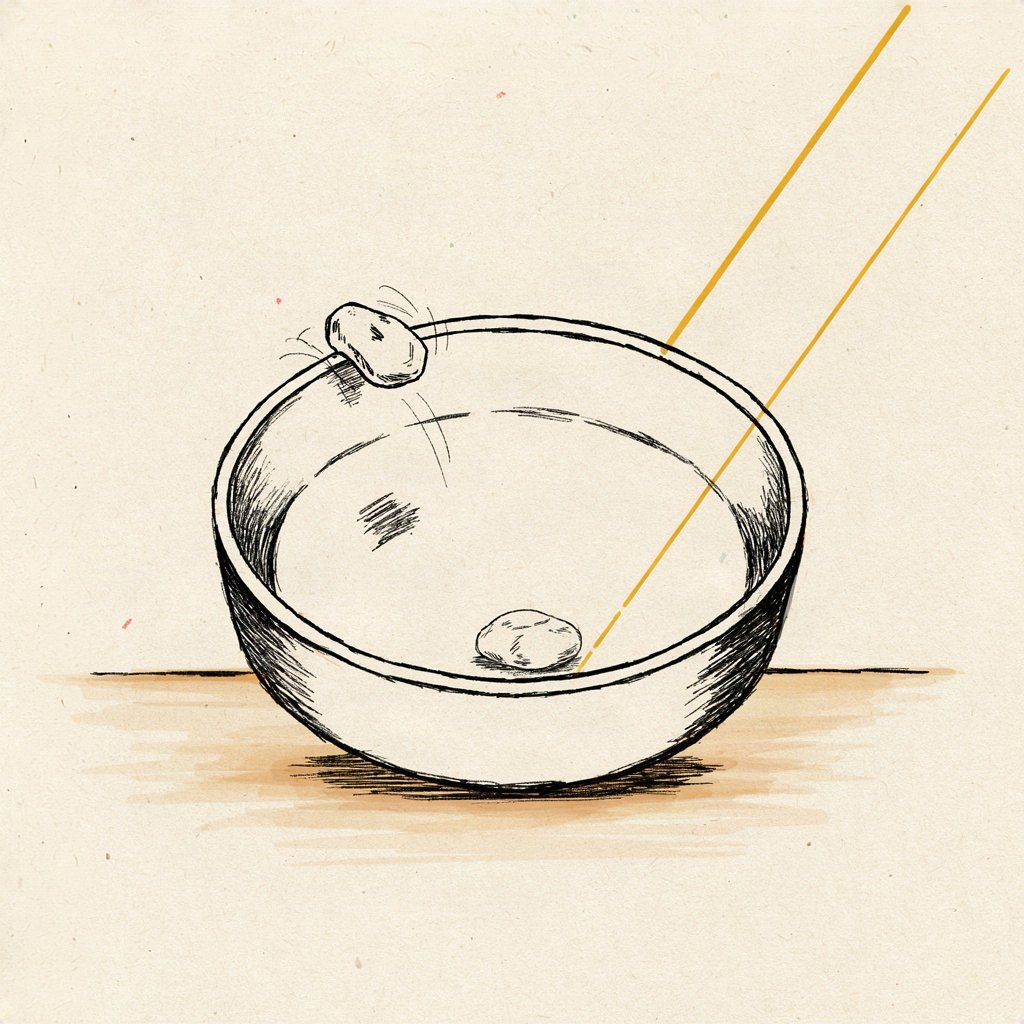 A small restless pebble keeps bouncing and rattling around the inside of a bowl, unable to settle, until it finally comes to rest in the still curve at the very bottom.