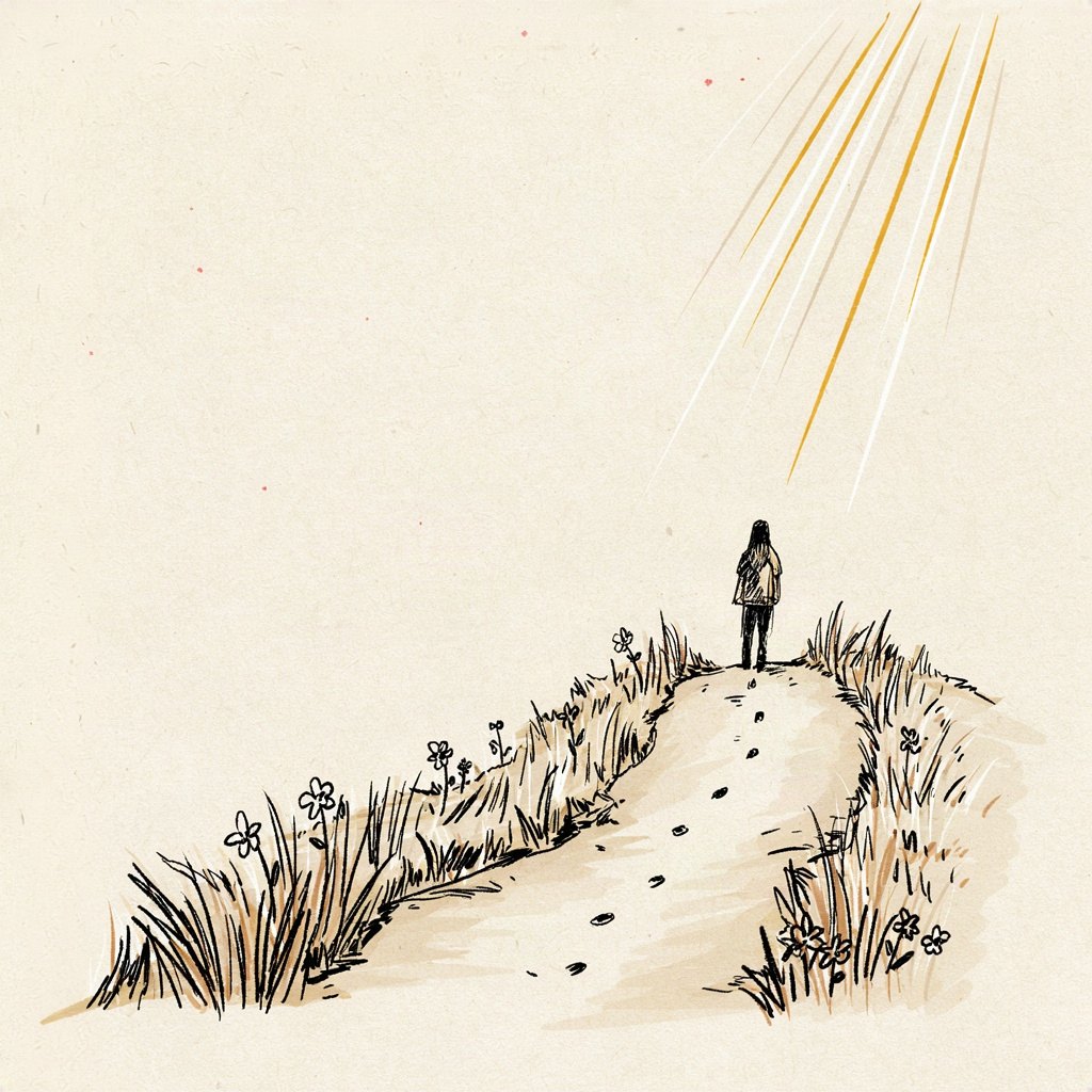 A narrow footpath winding up a hill through tall grass, with small footprints following it and no figure shown, suggesting faithful walking rather than a person depicted.