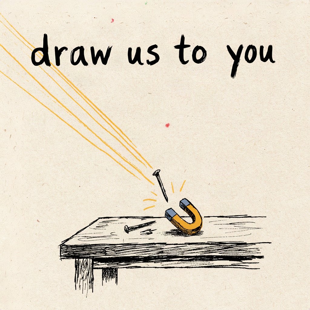 A small iron nail lying on a workbench with a single magnet beside it, the nail already straining sideways across the wood toward the magnet's pull, with the words “draw us to you” lettered by hand.