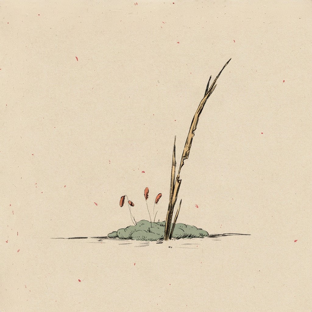 A small reed standing stiff and proud in the wind, already cracked at the stem, while beside it a humble patch of moss lies low and unbroken.