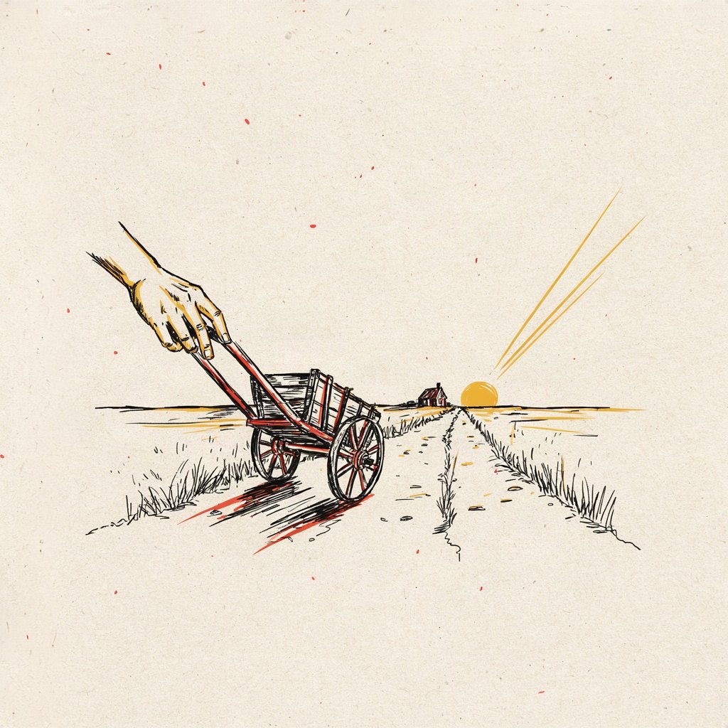 A single narrow path leads away from a doorstep at dawn, and an unseen hand gently guides a small cart along it, keeping its wheels from the ditches on either side.