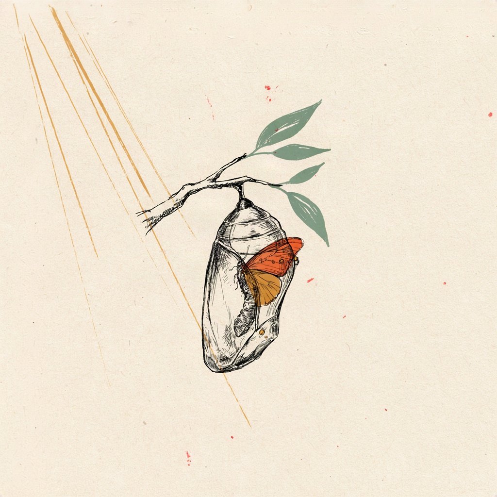 A caterpillar mid-transformation inside a translucent chrysalis on a branch, with one wing of a butterfly already visible pushing through, showing a steady unseen hand of change not yet finished.