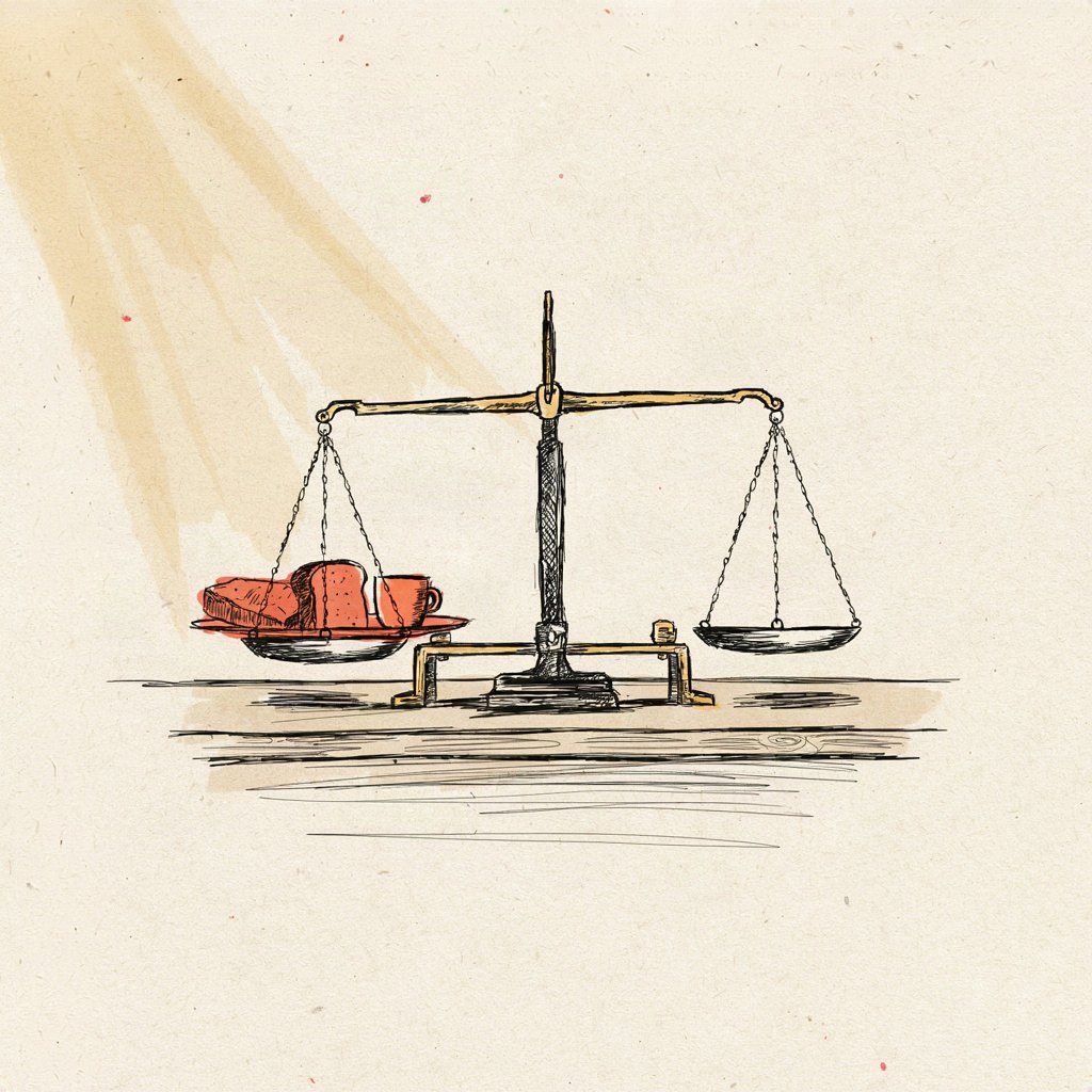 A small set of old-fashioned kitchen scales on a table, one side holding a modest plain plate of bread and a cup, the other side empty and balanced level, showing a life kept in quiet measure rather than piled high.