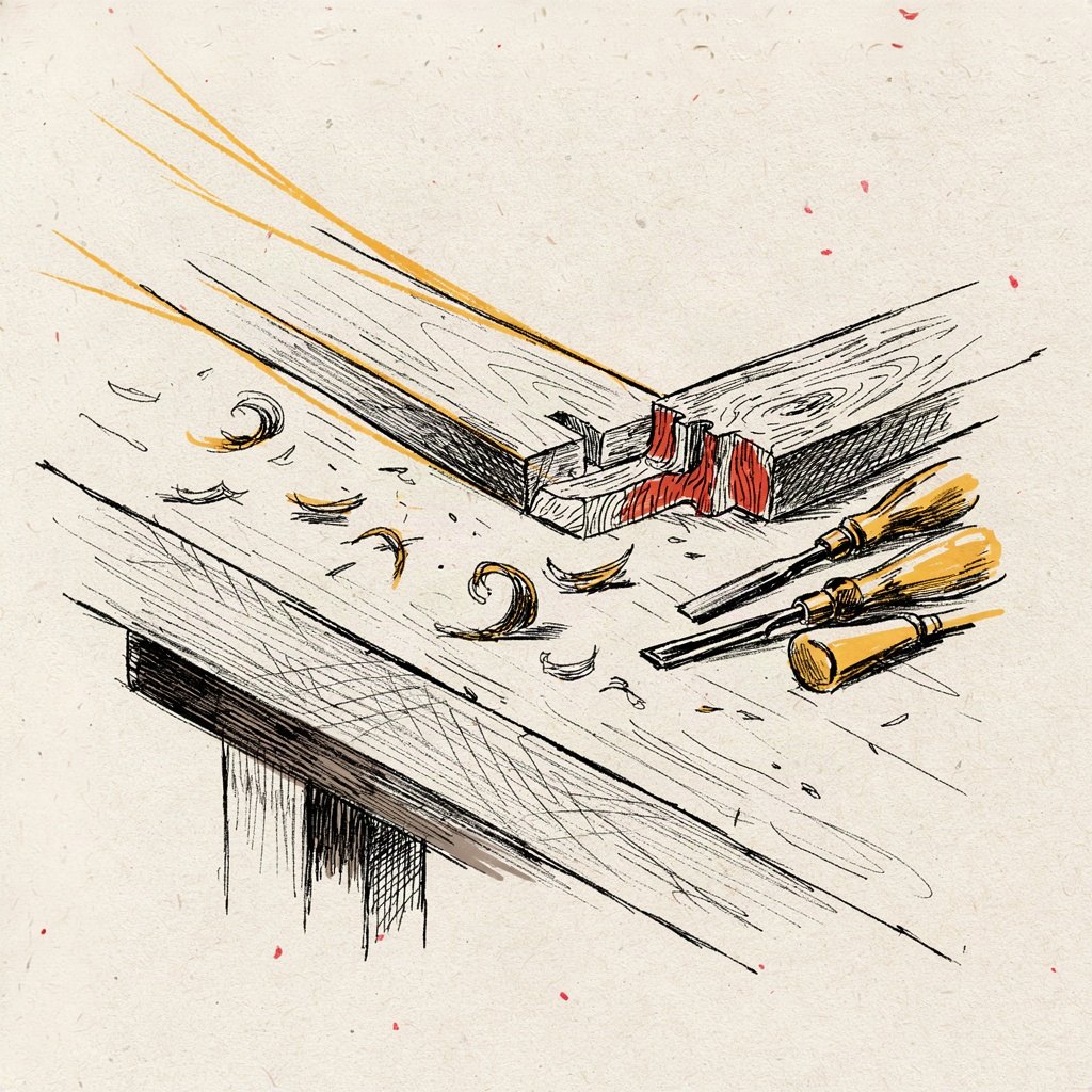 A carpenter's workbench holds one finished wooden joint fitted perfectly flush, while an unfinished half-joined piece sits beside it under a single beam of morning light.