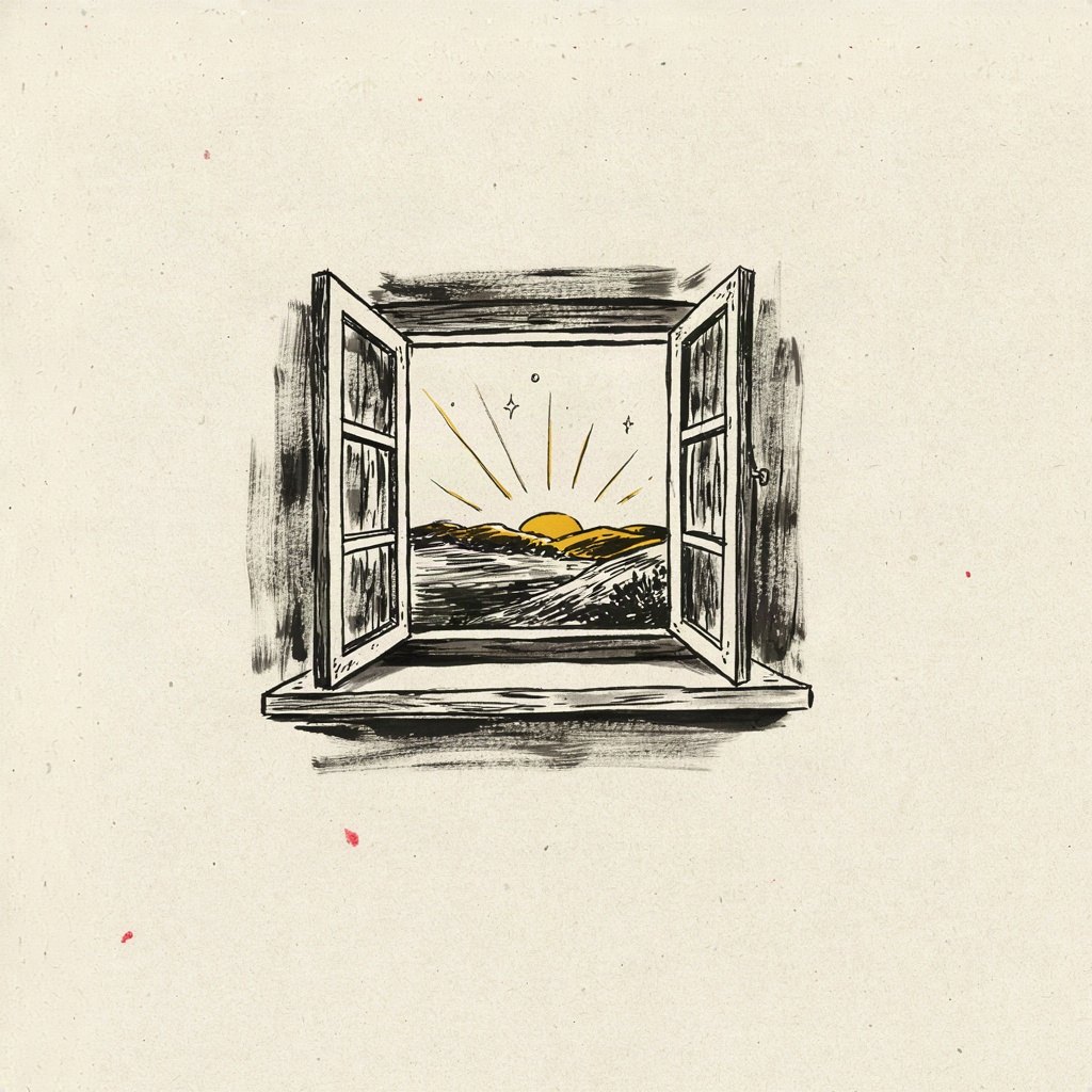 A plain window at dawn where the morning star still glimmers faintly above the horizon, both star and sunrise visible together, showing a face turning to find the light even as it climbs.