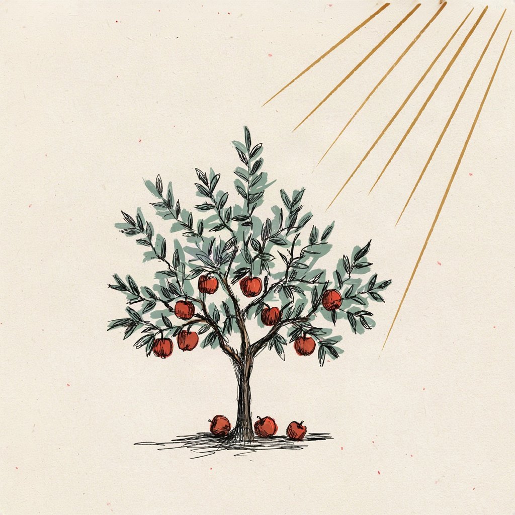 A small apple tree with only a few branches bearing fruit while most are just leaves, showing the difference between hearing and actually doing.