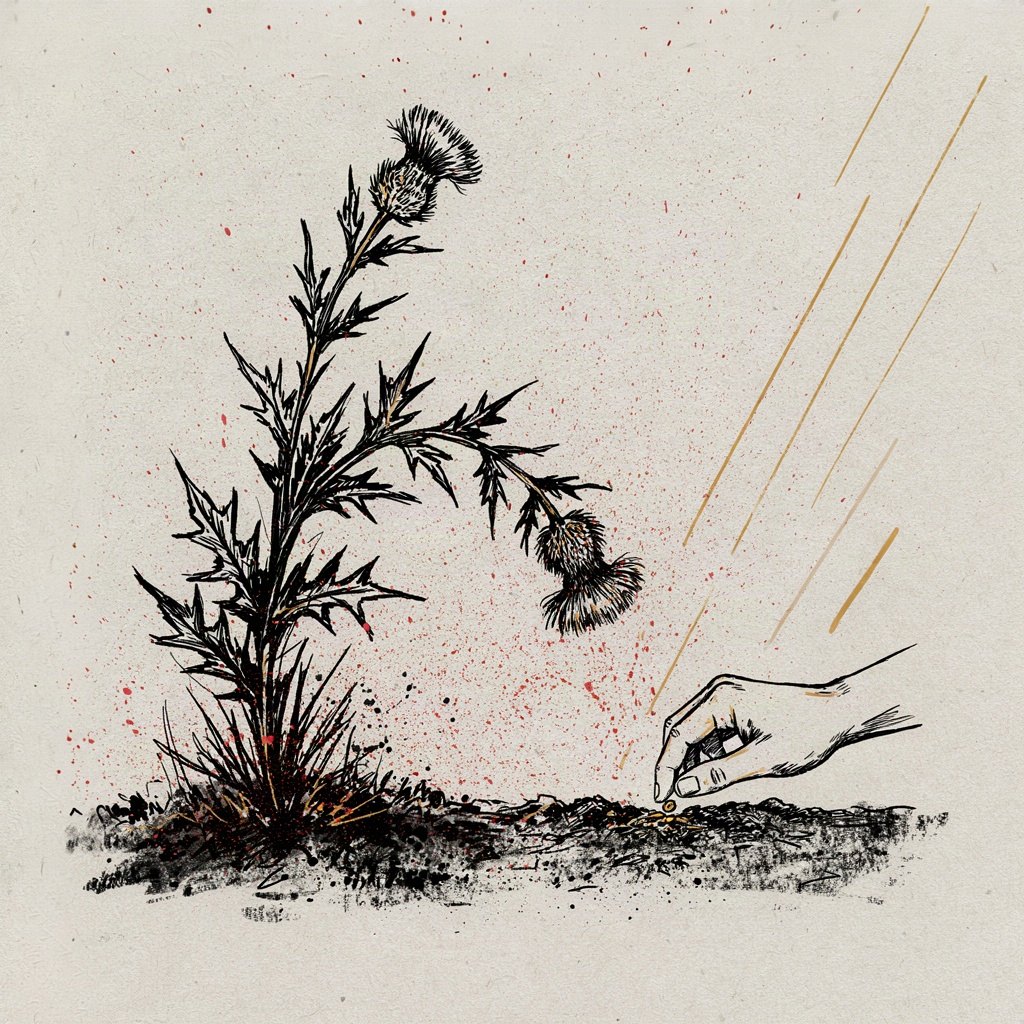 A tall, proud thistle in a garden bed bows its spiky head low to the ground, where a small plain seed is being gently tucked into the soil beneath it by an unseen hand.