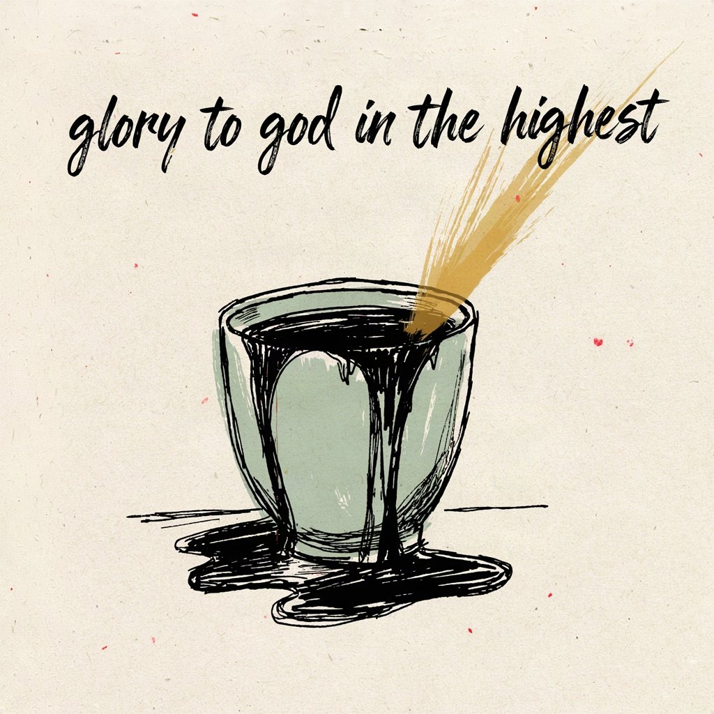 A small cup overflowing on a table, catching the first ray of sunrise, with the overflow pooling into a wider pool of light below, with the words “glory to god in the highest” lettered by hand.
