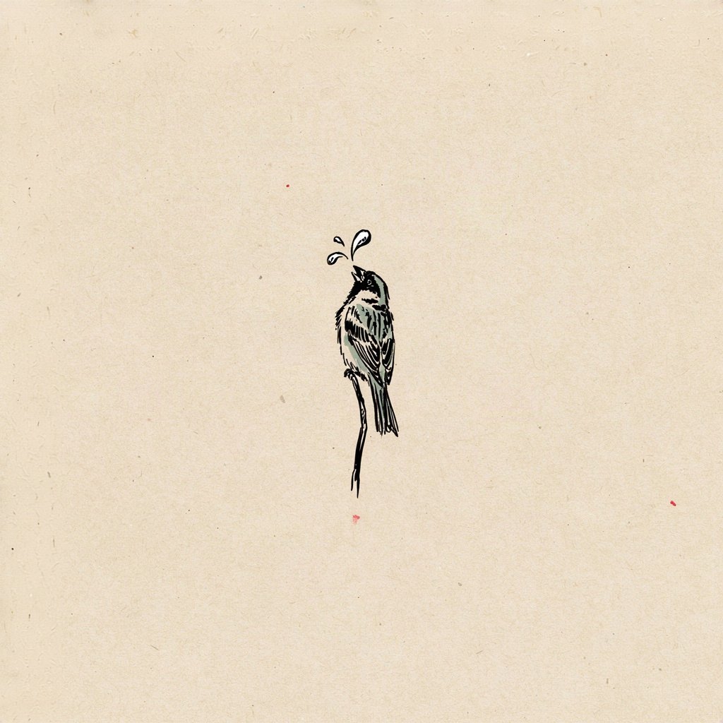 A small bird drinking from a single water droplet balanced on a leaf, throat tipped back in deep thirst.