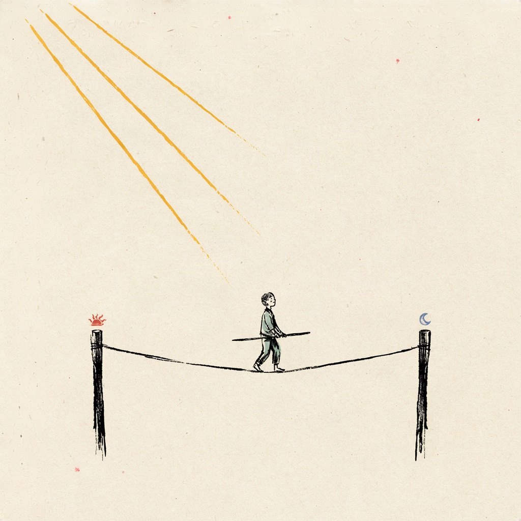 A tightrope walker's single foot stepping carefully along a thin taut line stretched between dawn and dusk, a tiny balancing pole held steady, arms open and unhurried.