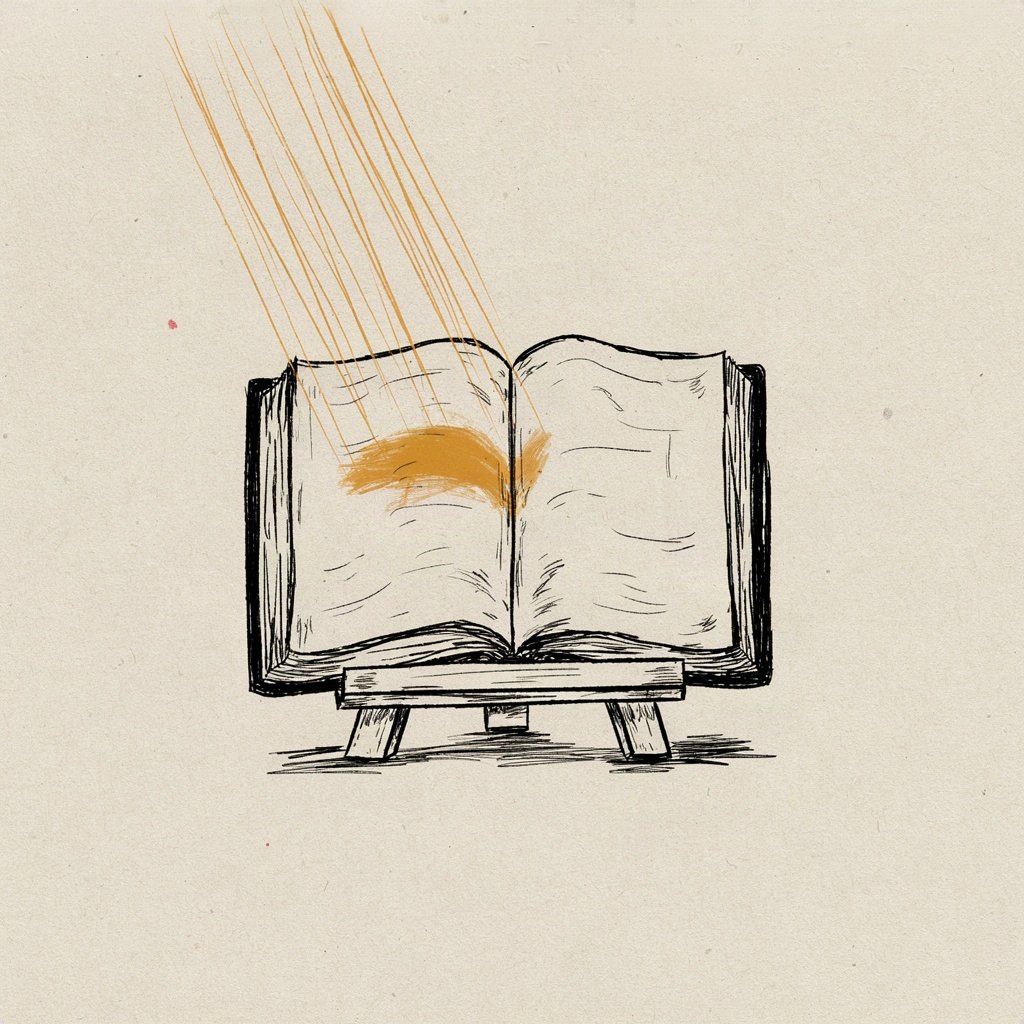 An open book on a stand catches a single beam of light falling directly onto its blank page, illuminating the words only where the light touches.
