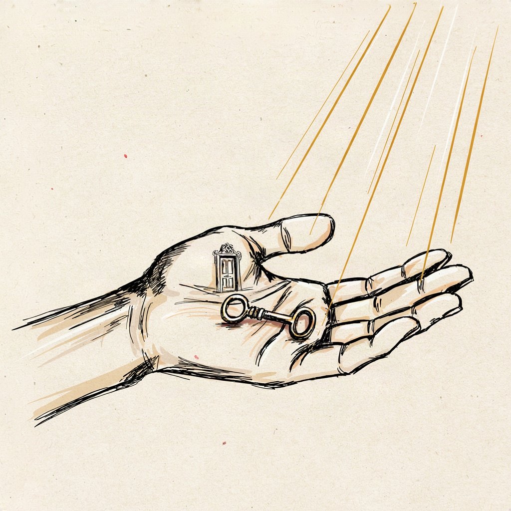 A small house key resting in the centre of an open, upturned palm, with a tiny door drawn faintly on the skin of the palm itself, as if the hand is handing over entry to the whole house of the self.