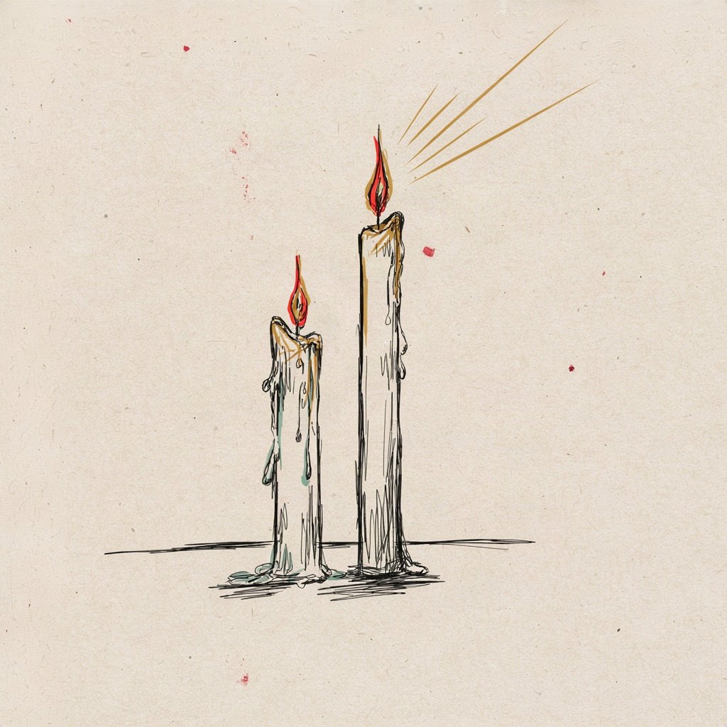 Two small candles are shown side by side with the same flame shape, but one candle is stretched taller than the other as if growing — the shorter candle is today, the taller unlit one just beginning to catch, showing one day of love lengthening into tomorrow's brighter, endless day.