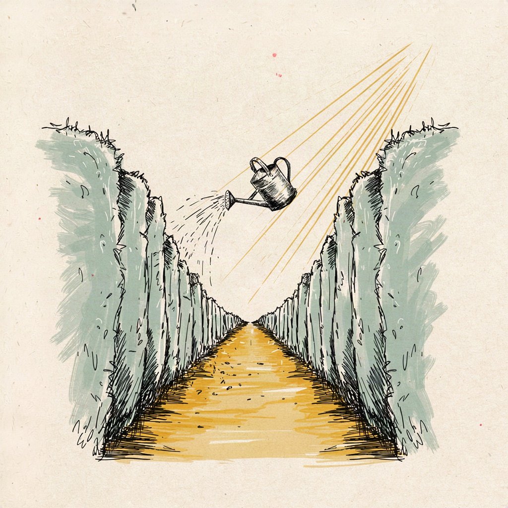 A narrow garden path hemmed in by tall hedges on both sides suddenly widens into an open meadow, with one small watering can tipped mid-pour over the hedges themselves, feeding them to grow outward instead of up.