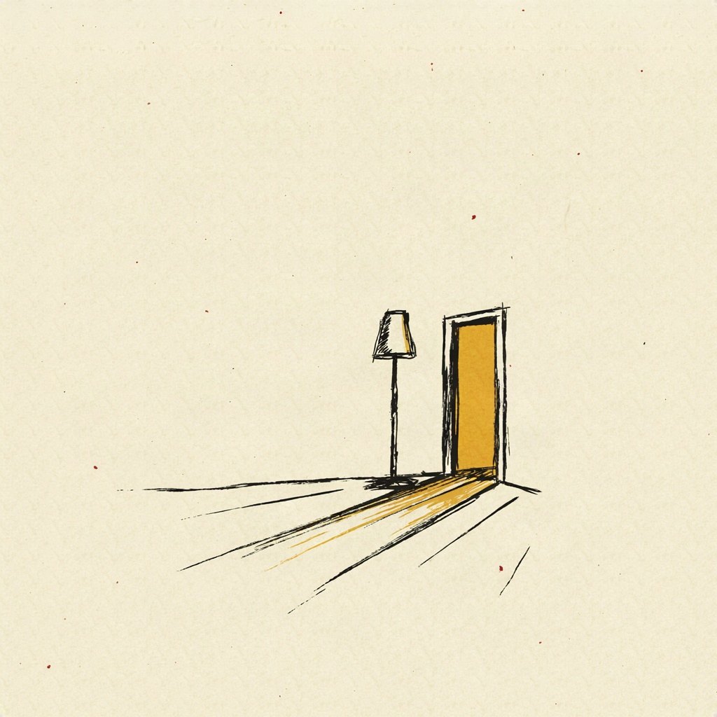 A long shadow cast by a standing lamp slowly stretches across a floor toward evening, and at its very tip a small open door glows with warm light, suggesting a day's work ending into rest.