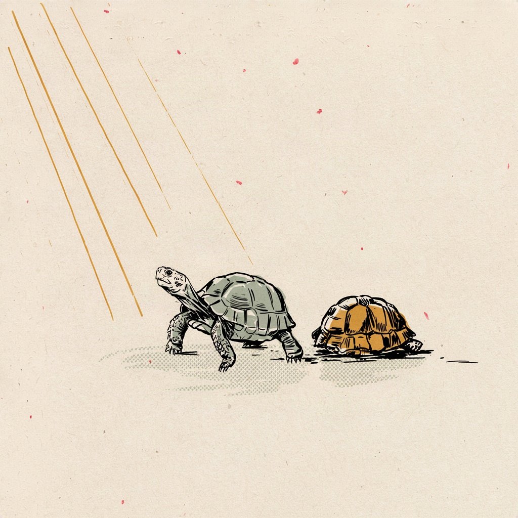 A tortoise walking calmly out of its own shell, which stands empty behind it like an abandoned fortress, showing freedom found in letting go of armor.