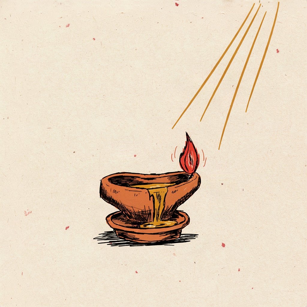 A small clay lamp steadily burning with a full round flame, oil overflowing slightly from its rim onto the saucer beneath.