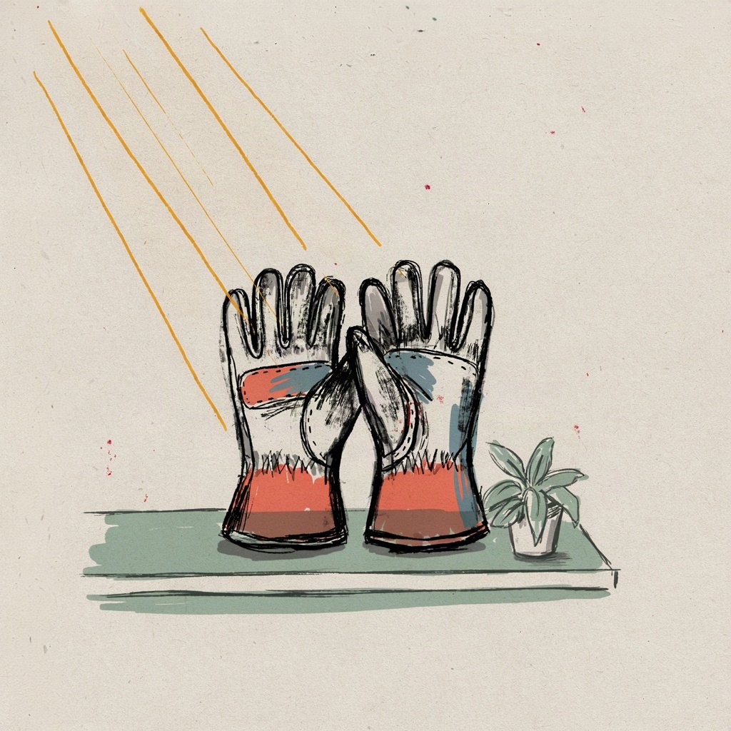 A pair of work-worn gloves resting on a windowsill with morning light streaming over them, suggesting daily labor offered up and made to shine.