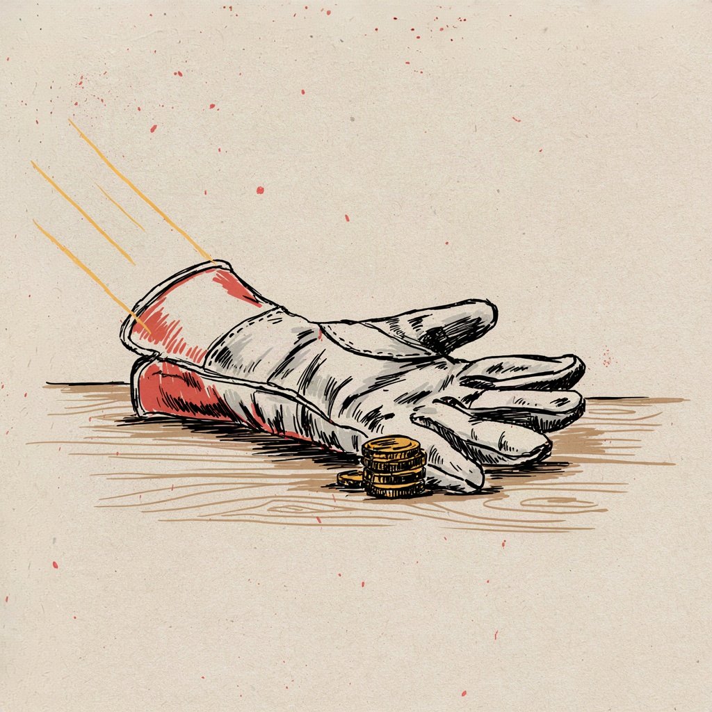 A single worn work-glove resting on a table beside a small stack of coins, suggesting labour done gladly for a reward yet to come.