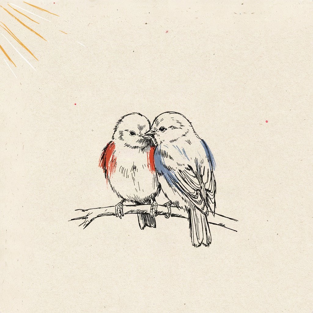 Two small birds on the same branch, leaning their heads together so their foreheads touch, wings slightly overlapping like shared warmth.