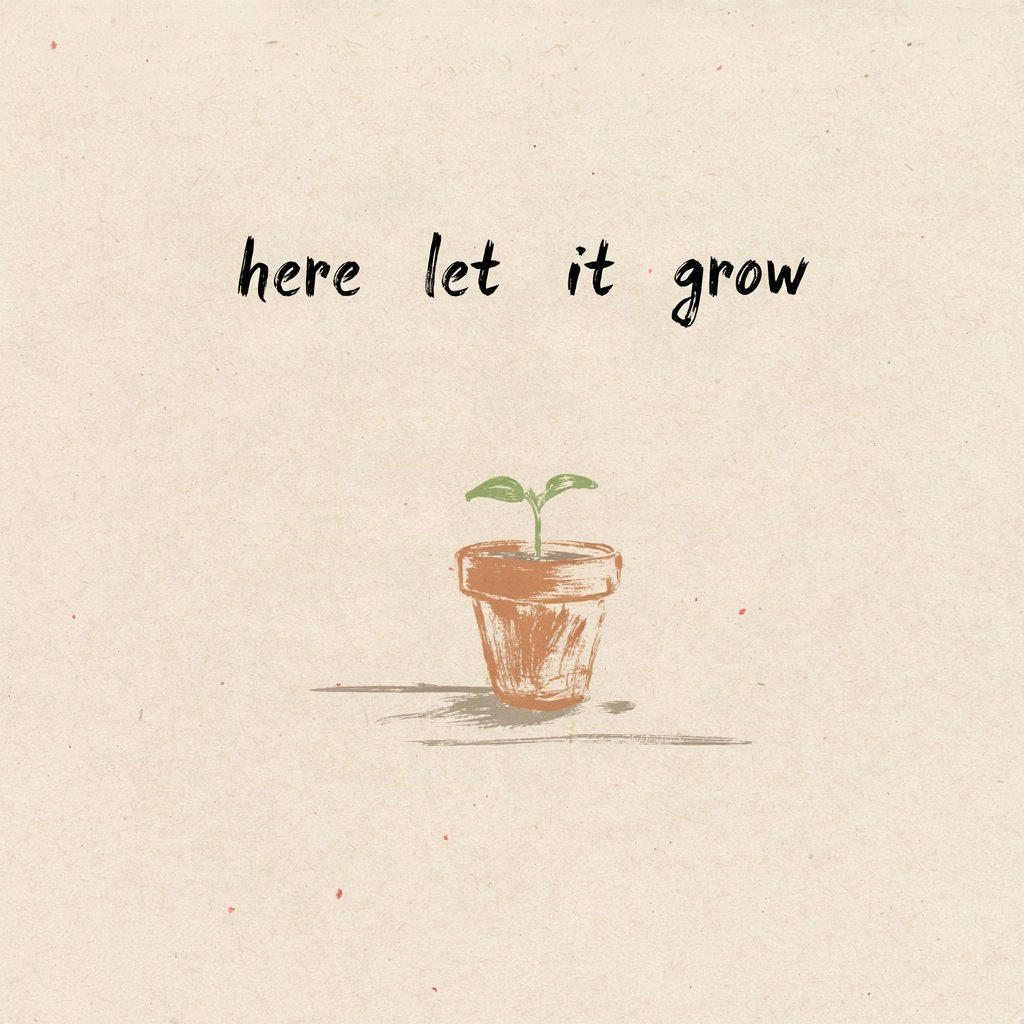 A small potted seedling on a windowsill, its first true leaves unfurling, with sunlight falling across just one half of the pot, with the words “here let it grow” lettered by hand.