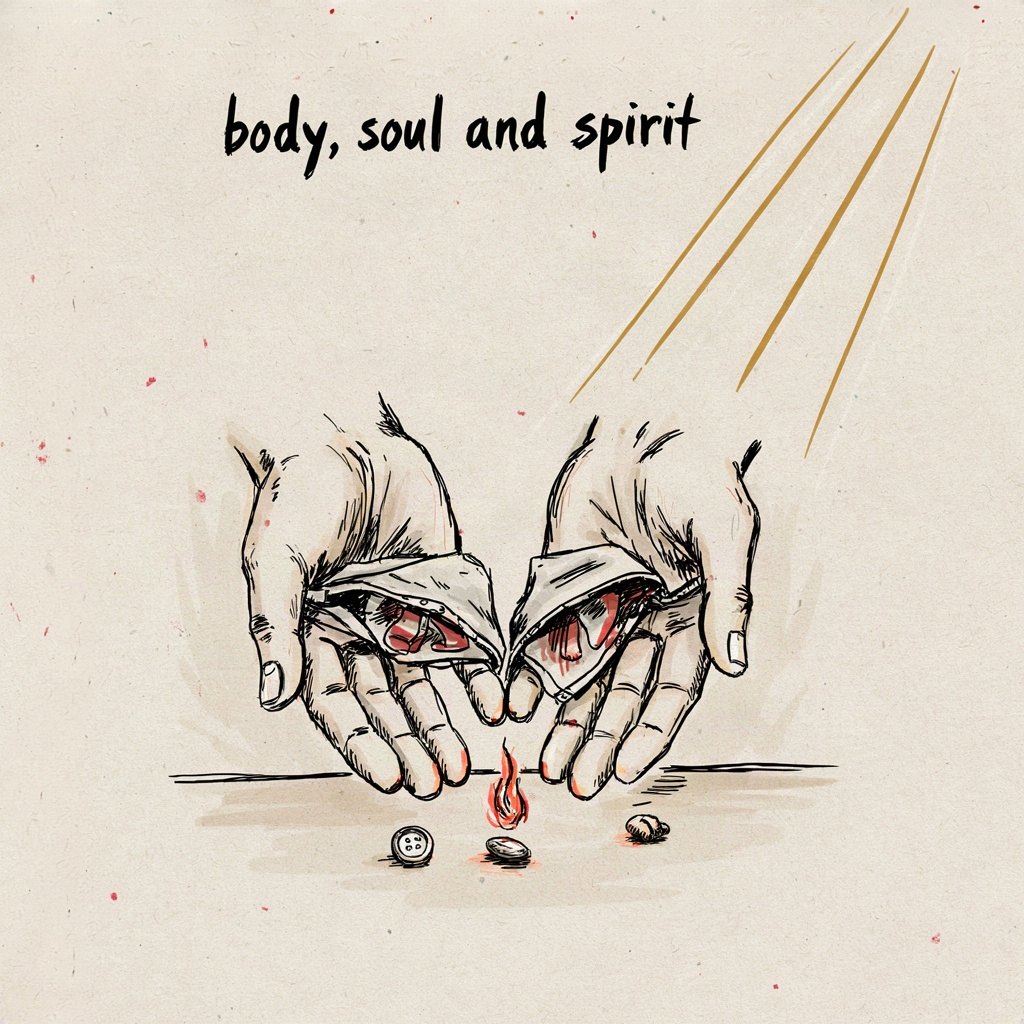 A pair of empty hands turning out their own pockets, offering up everything inside, drawn as a simple gesture of giving oneself fully again, with the words “body, soul and spirit” lettered by hand.