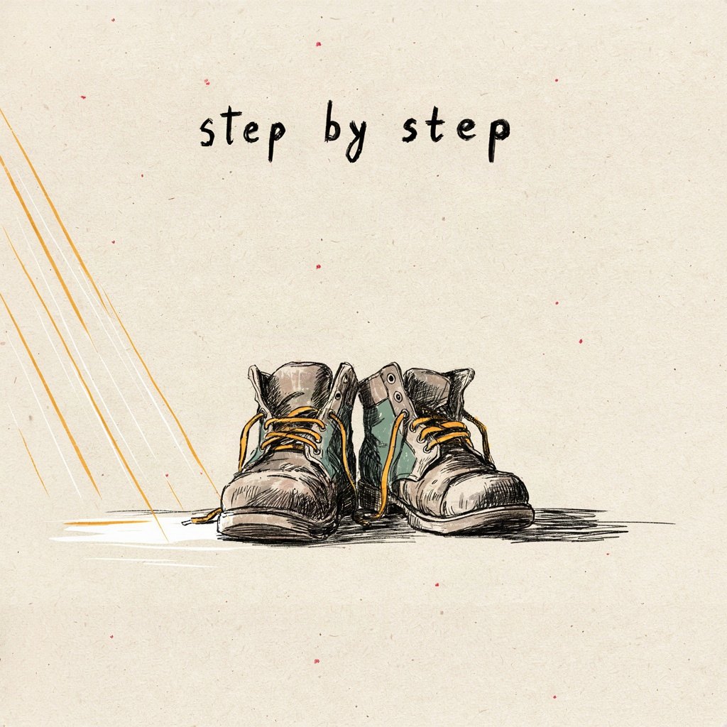 A single pair of worn boots stands by the door at dawn, laces loose and ready, ready to step out into a new day, with the words “step by step” lettered by hand.