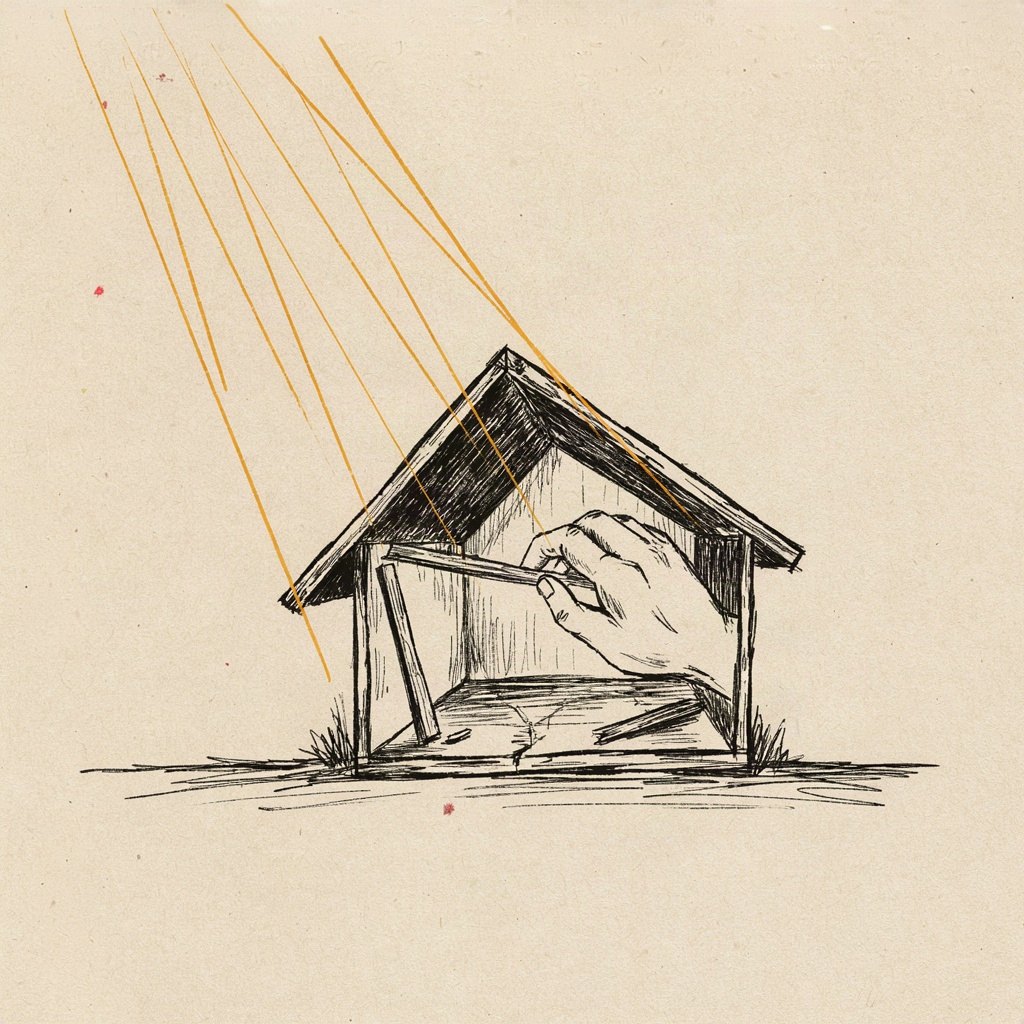 A small crooked house with its roof lifted off and sunlight pouring in, a hand gently reaching down to set a new beam in place.
