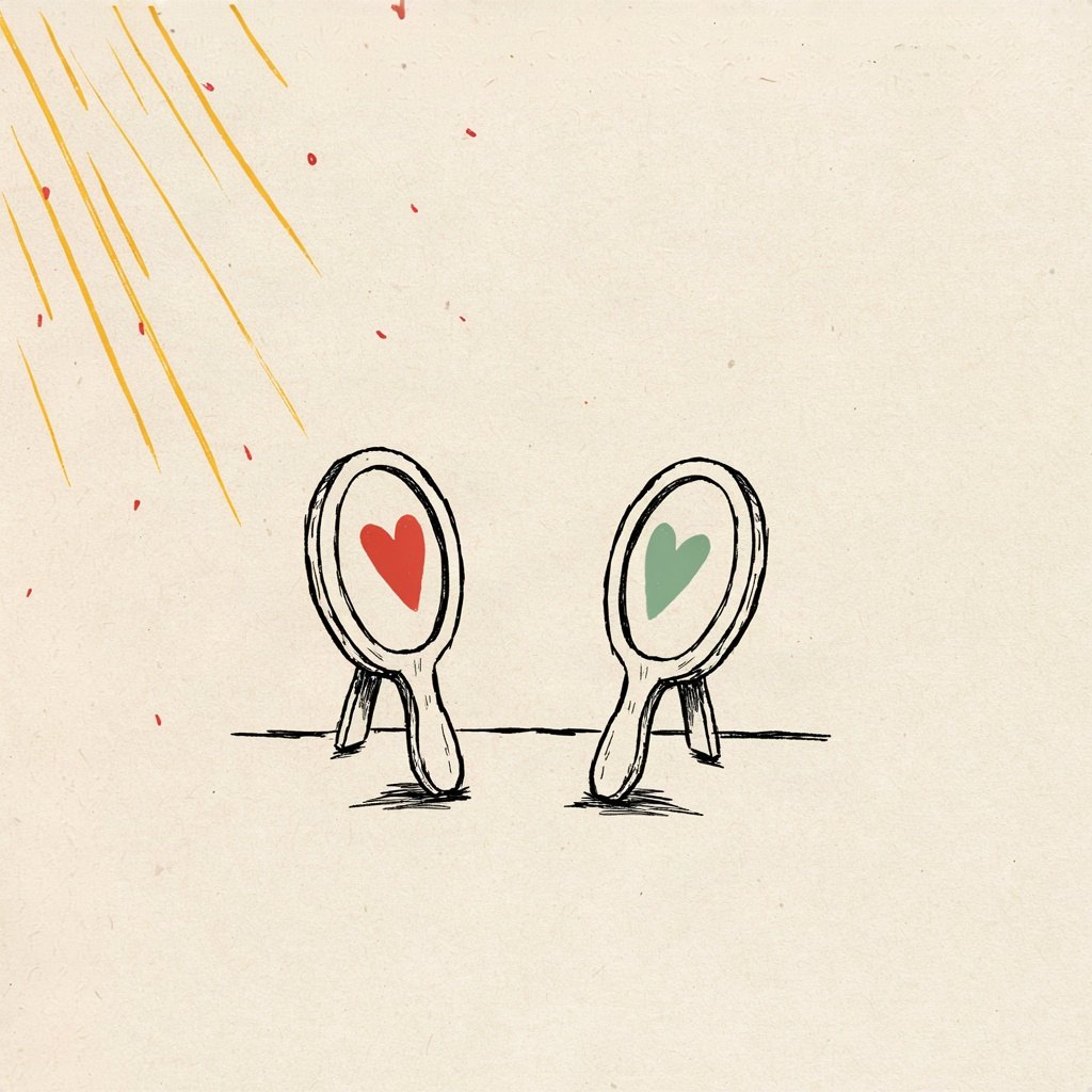 Two small hand mirrors propped facing each other on a table, each reflecting a tiny heart instead of a face.