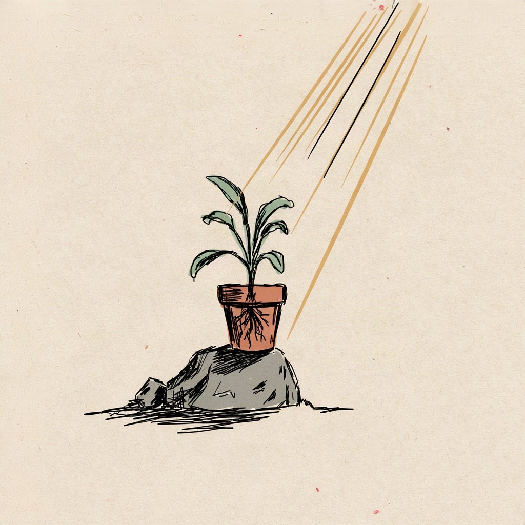 A small plant bending to grow in the exact direction of a single beam of window light, roots settled firmly in solid rock beneath the pot.