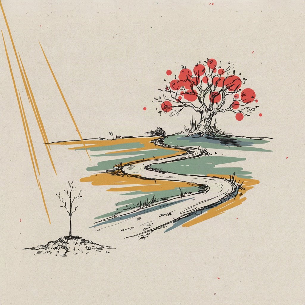 A single footpath winding from a planted sapling at the start to a full blossoming tree at the end, showing a journey begun and finished.