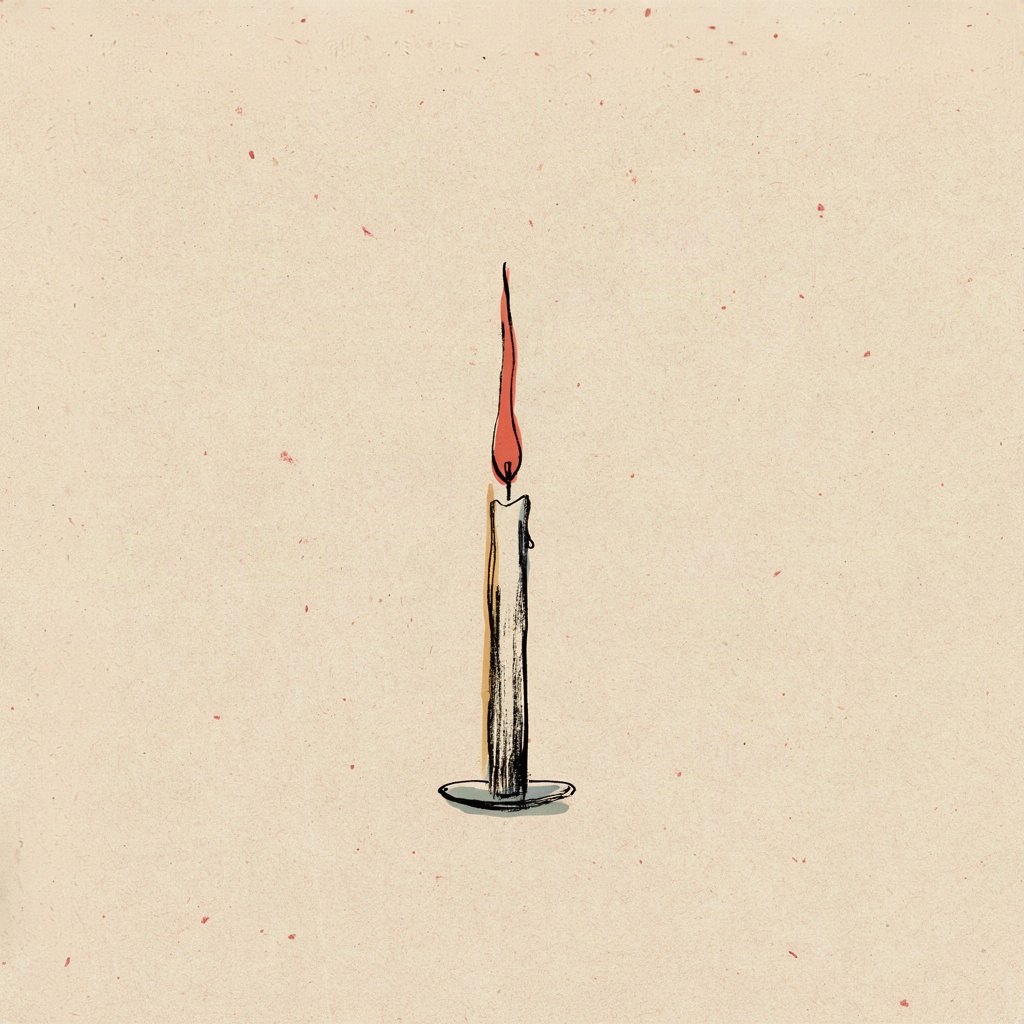 A single lit candle standing straight, its flame and its wax both shaped the same, to show body and spirit aimed the same direction.