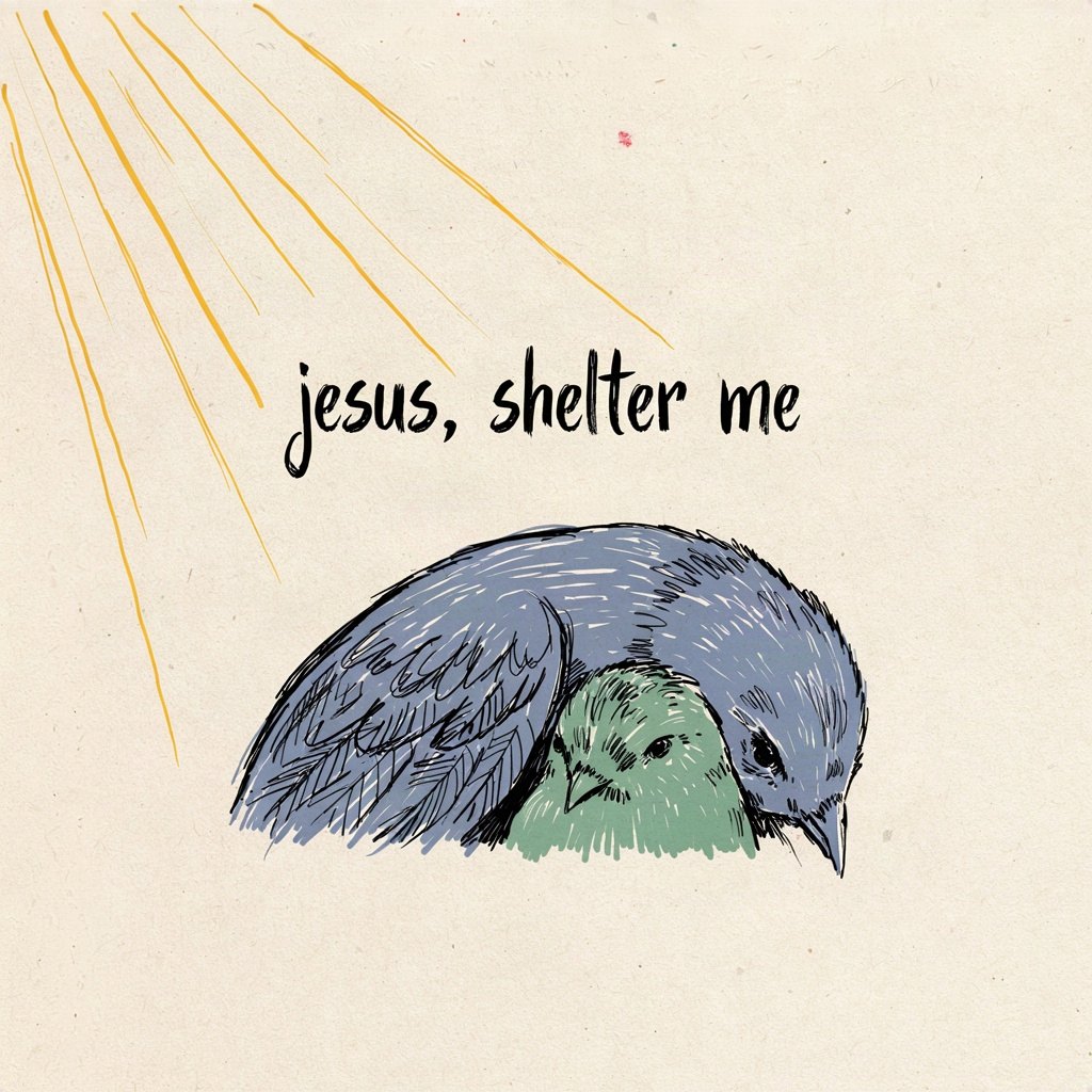 A small bird tucked safely under the curve of a large wing, drawn simply to show shelter sought at the start of the day, with the words “jesus, shelter me” lettered by hand.