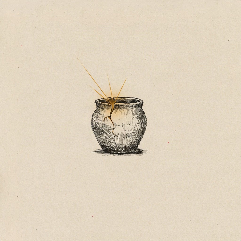 An old clay pot with a crack mended by sunlight pouring through the crack instead of breaking it further, showing something flawed made whole.