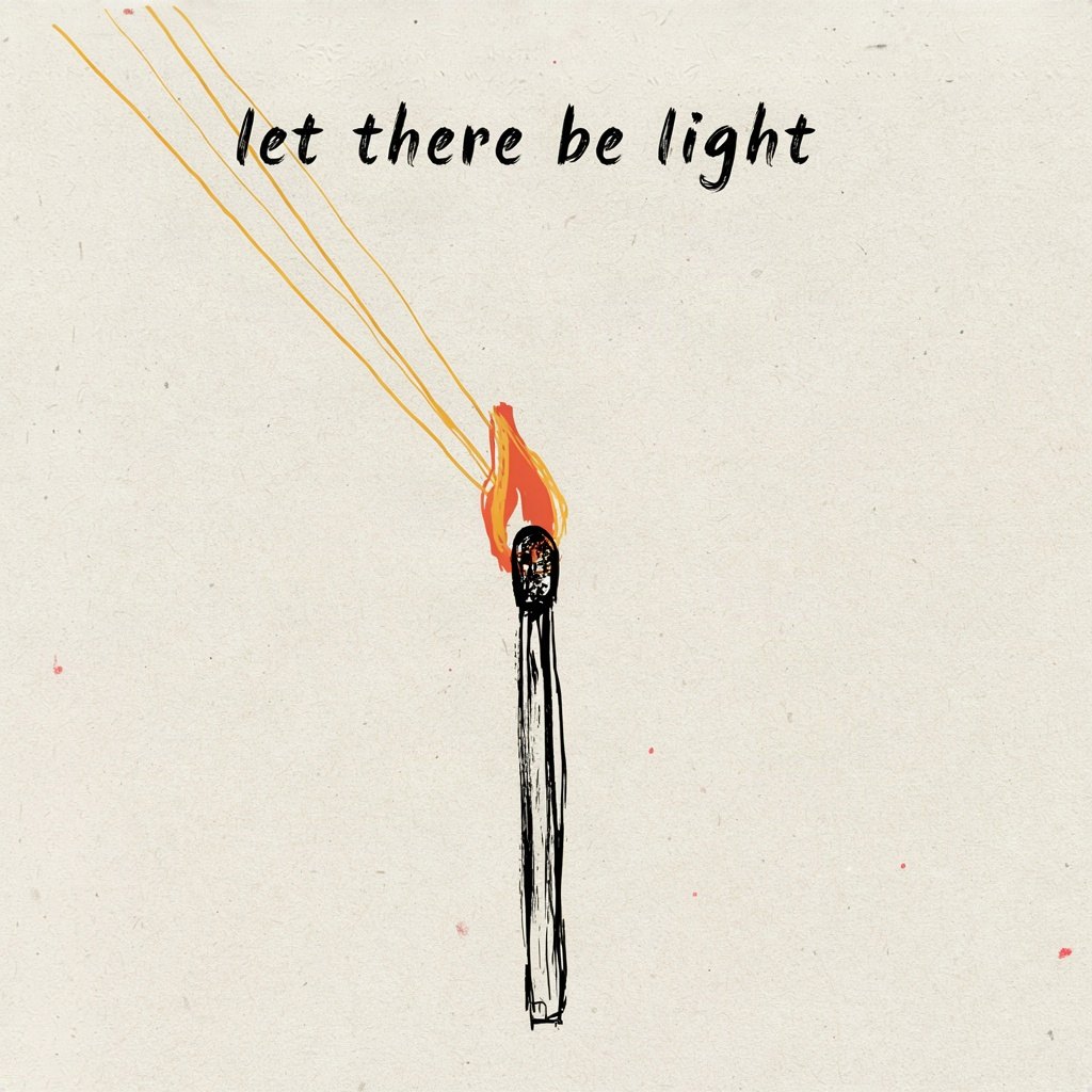 A small unlit matchstick standing upright on a plain table, with one single struck flame drawn just beginning to catch at its tip, the only bright mark on the page, with the words “let there be light” lettered by hand.