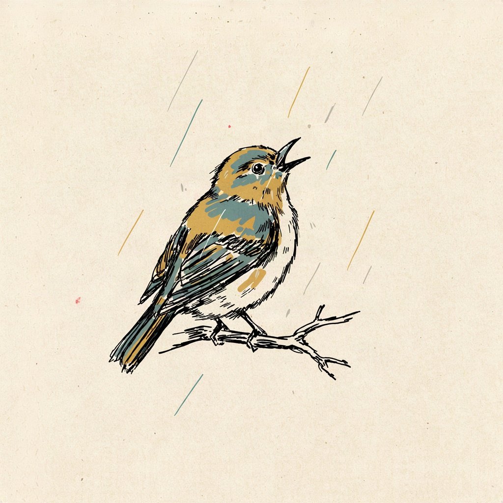 A small bird perched on a branch, singing with its beak open, while rain falls around it in soft diagonal lines.