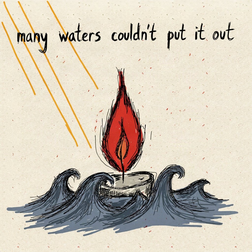 A small flame floating steady on open water, untouched and burning despite the waves around it, with the words “many waters couldn't put it out” lettered by hand.