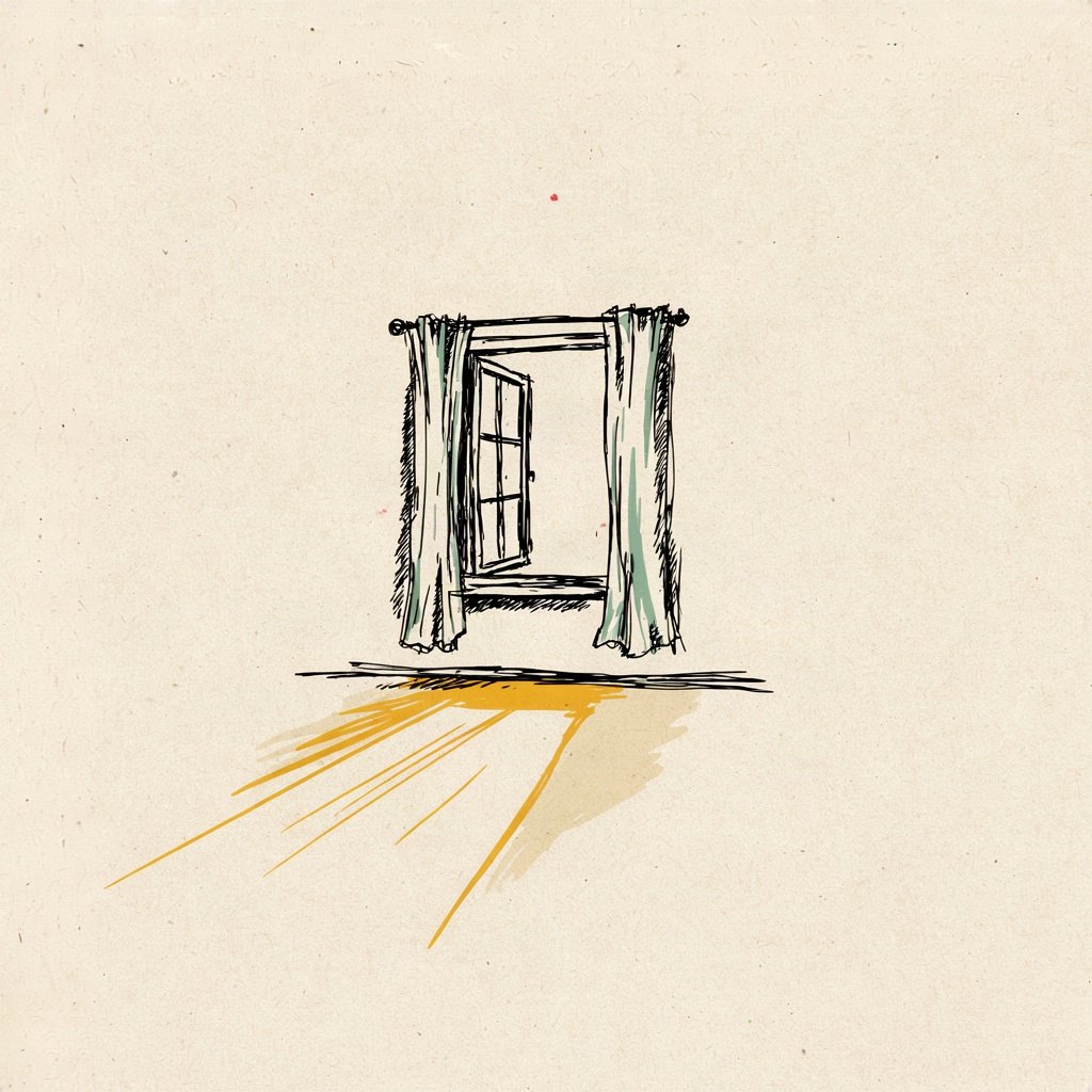 A single open window with morning light pouring in, but the room inside stays mostly empty paper, as if searching for the source of the light itself.