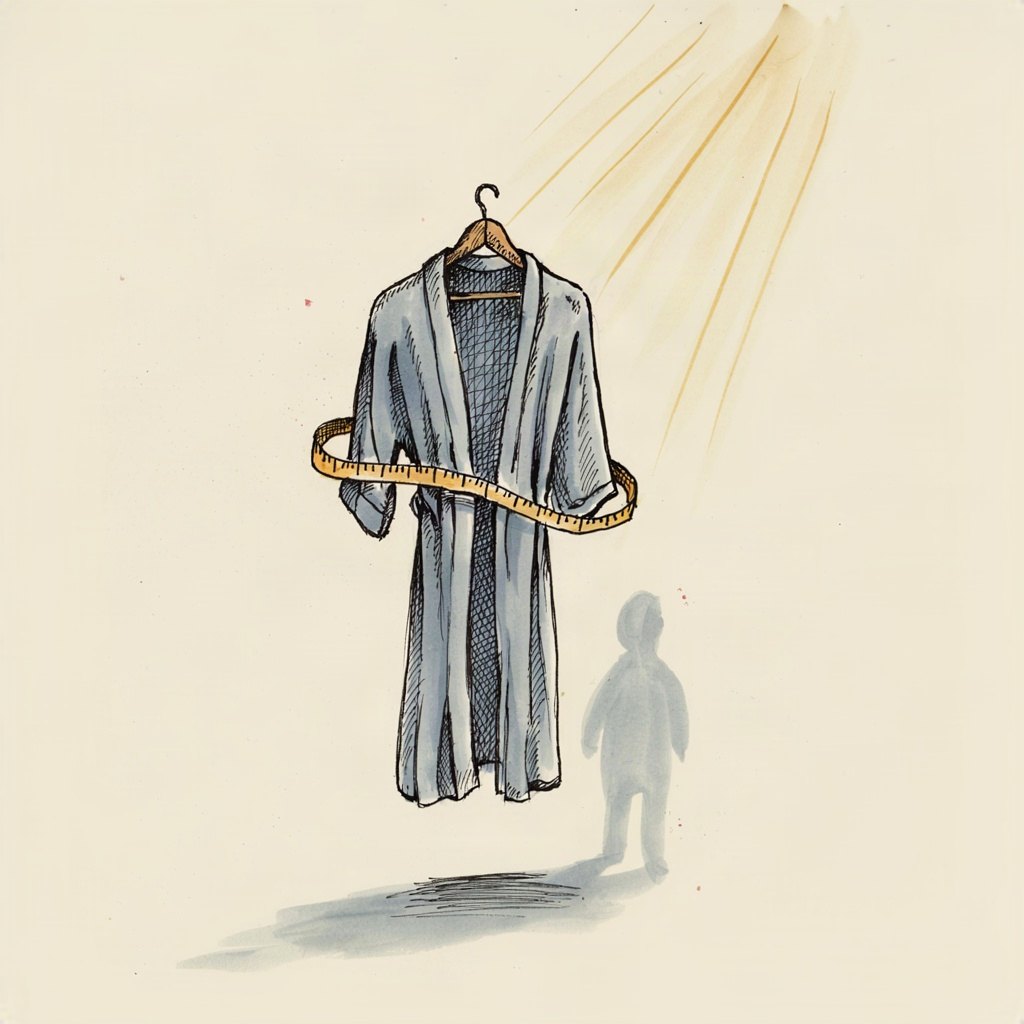 A simple wooden garment on a hanger, shaped loosely like a robe, being measured with a piece of string against a small figure's shadow — the fit sought rather than chosen.