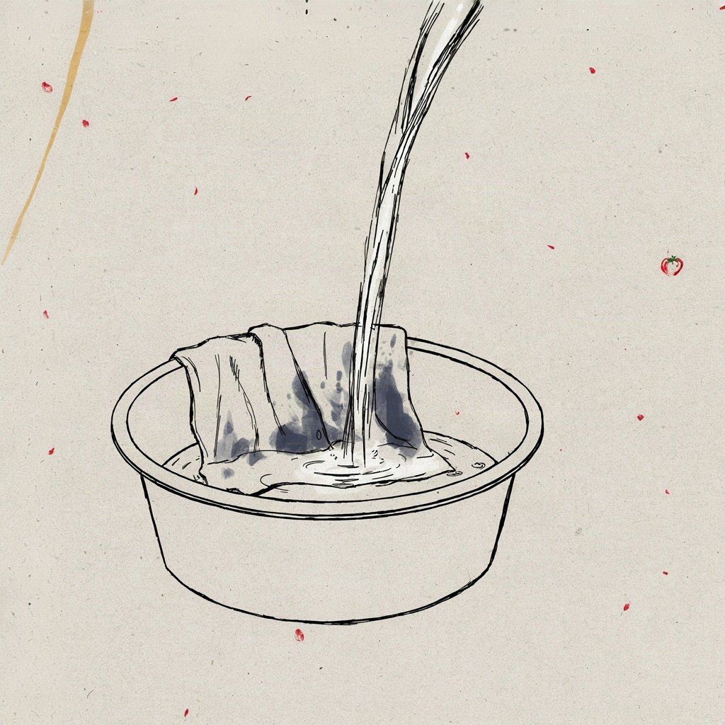 A stained cloth being rinsed in a basin, with clear water pouring in from above and the stains visibly fading out, just the moment of being washed clean.