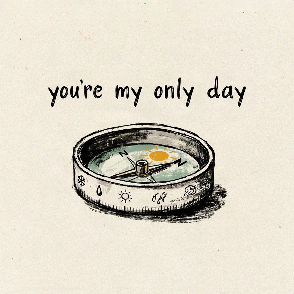 A single compass with its needle swinging toward a tiny sun drawn where north should be, showing the heart seeking its one true direction through every kind of weather, with the words “you're my only day” lettered by hand.