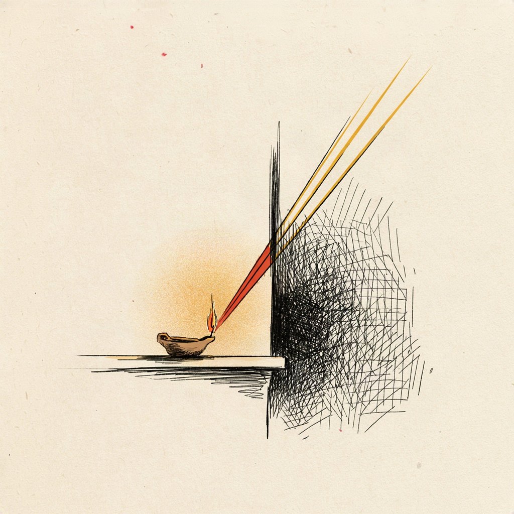 A simple lamp on a windowsill with its light drawn as a sharp-edged wedge cutting through a darkened half of the room, showing day and night as one clean split.
