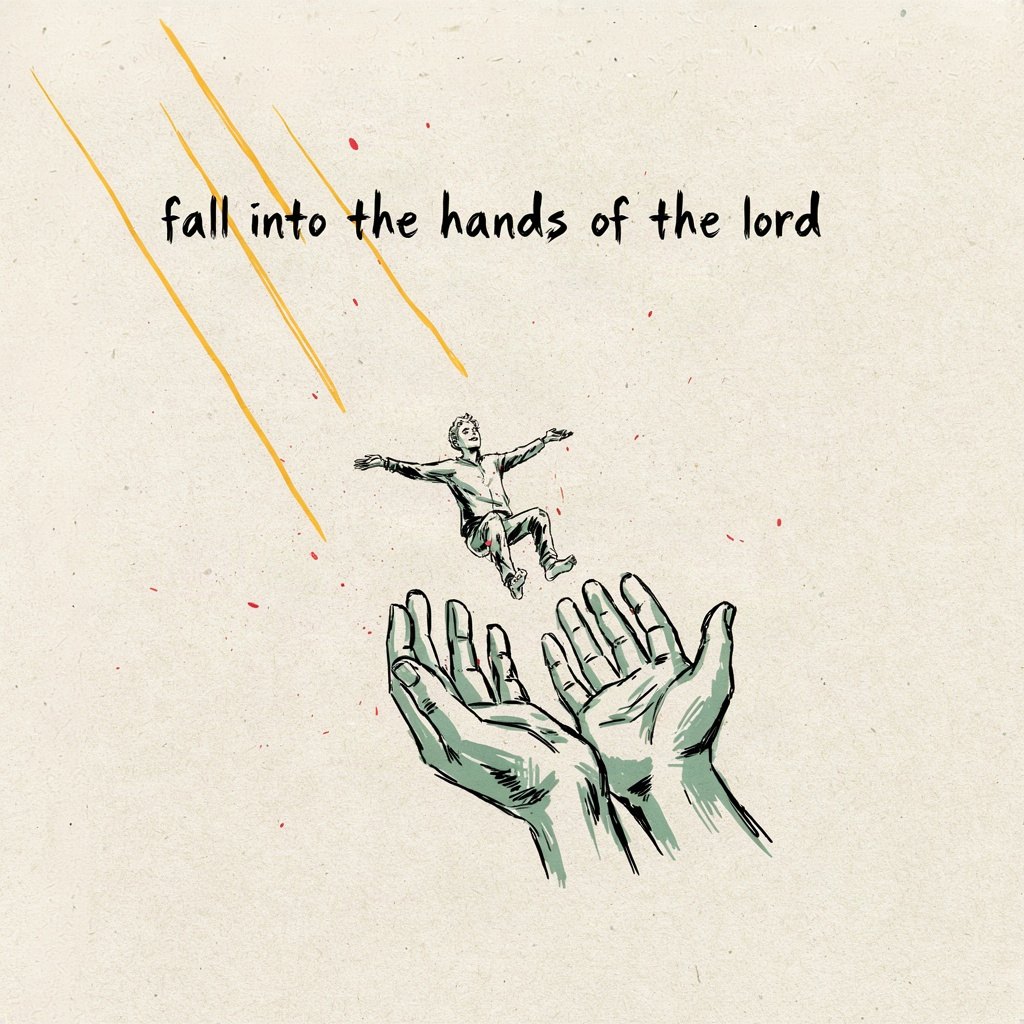 A tiny figure in free fall, arms open and trusting, dropping toward a huge pair of open cupped hands waiting below to catch them, with the words “fall into the hands of the lord” lettered by hand.