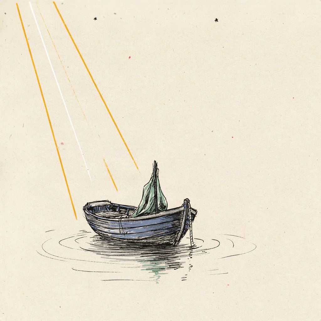 A small boat with its anchor dropped, resting still on calm water at night, sails loosely folded as if no longer needed.