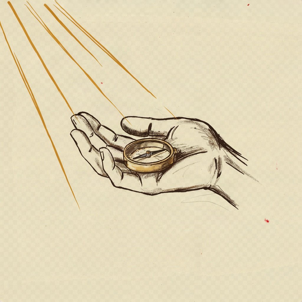 A small compass resting in an open palm, its needle quietly settling toward true north, suggesting a heart asking moment by moment to be pointed the right way.