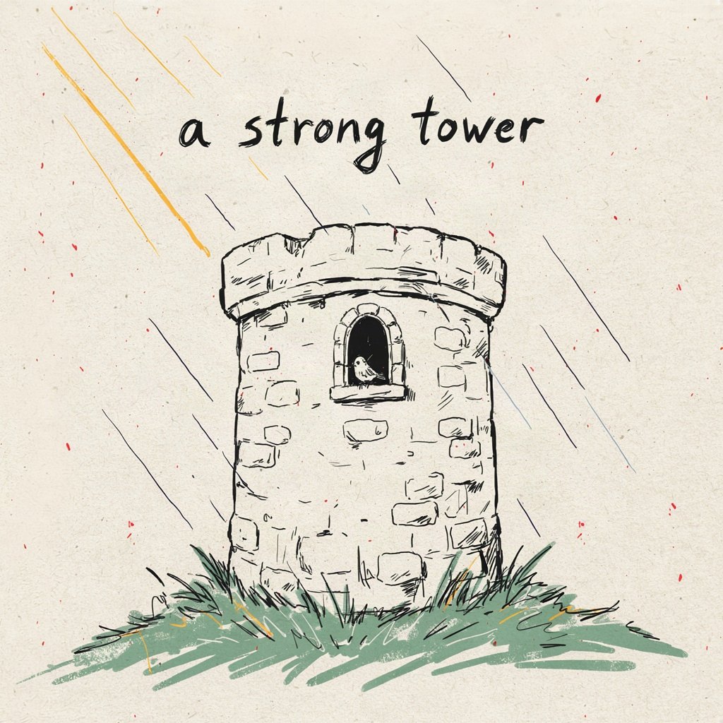 A single stone tower stands firm on a hill while a small bird shelters in a window-hole near its top, wind-blown rain drawn as a few slanted lines around it, with the words “a strong tower” lettered by hand.