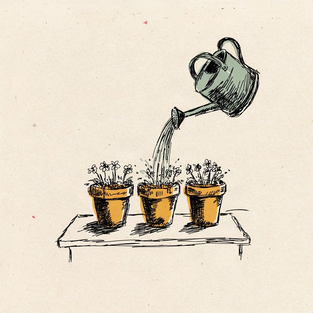 A small watering can tipping to fill a row of tiny cupped flower pots, each one already overflowing but still reaching up for more.