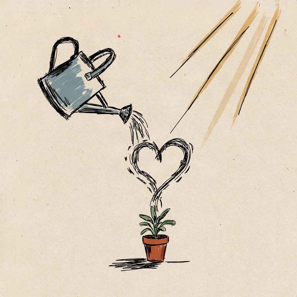 A watering can pouring a heart-shaped splash of water onto a small plant, showing love poured into a willing heart.